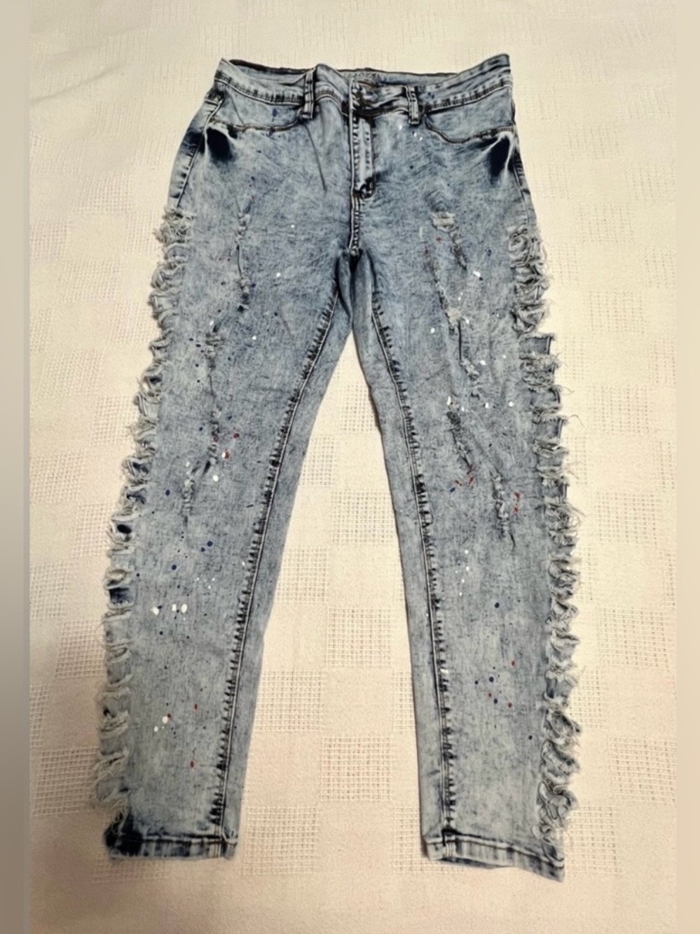 Light Blue Skinny Jeans with Fringe Side Trim